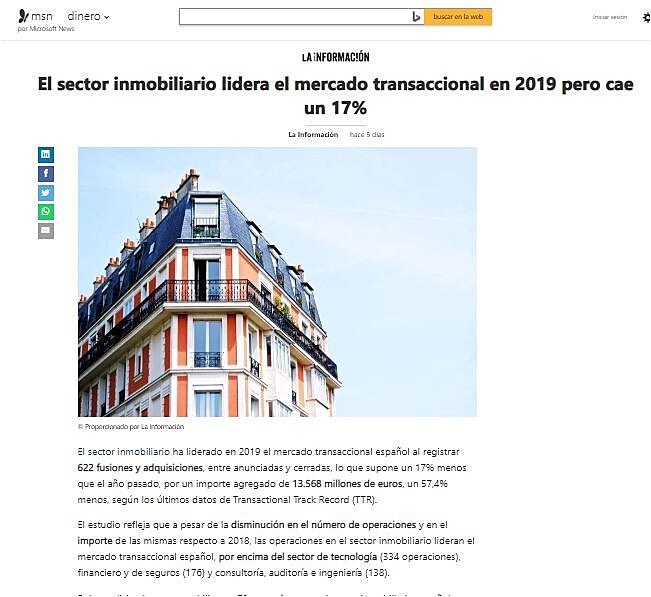 El sector inmobiliario lidera el mercado transaccional en 2019 pero cae un 17%